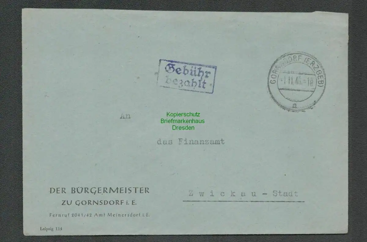 B-5575 SBZ Gebühr Bezahlt Brief Gornsdorf Erzgebirge 1945 Der Bürgermeister nach