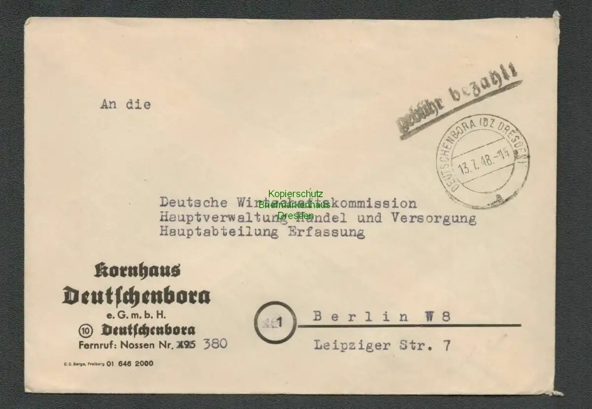 B-5572 SBZ Gebühr Bezahlt Brief Deutschenbora 13.7.48 Währungsreform Kornhaus