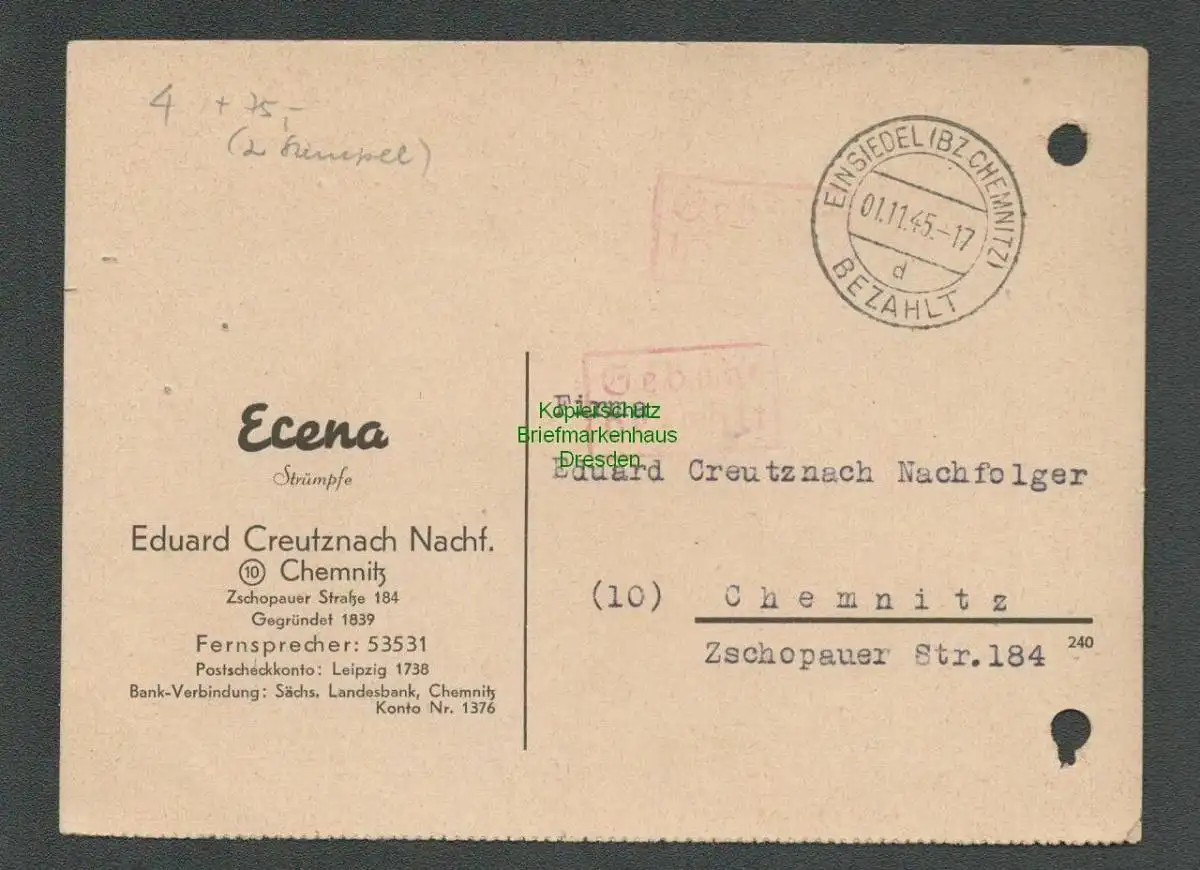 B-5620 SBZ Gebühr Bezahlt Postkarte Einsiedel BZ Chemnitz 1945 Ecena Strümpfe