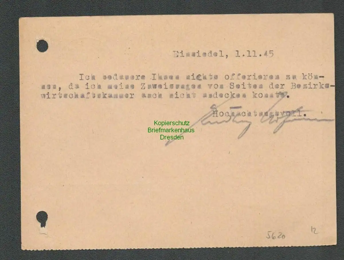 B-5620 SBZ Gebühr Bezahlt Postkarte Einsiedel BZ Chemnitz 1945 Ecena Strümpfe