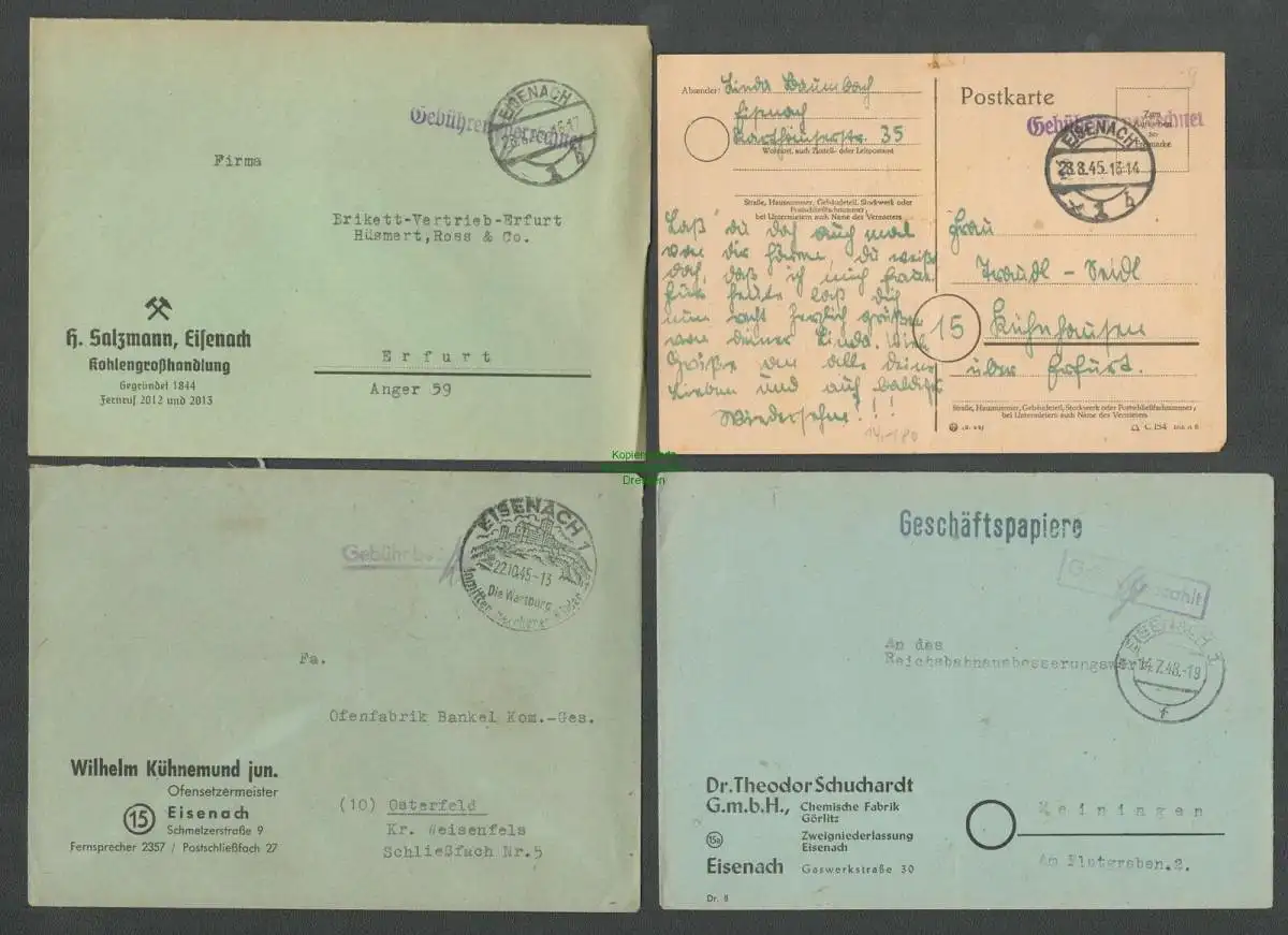 B-5621 SBZ Gebühr Bezahlt 4x Brief Eisenach Gebühren verrechnet 1945 Schuchardt