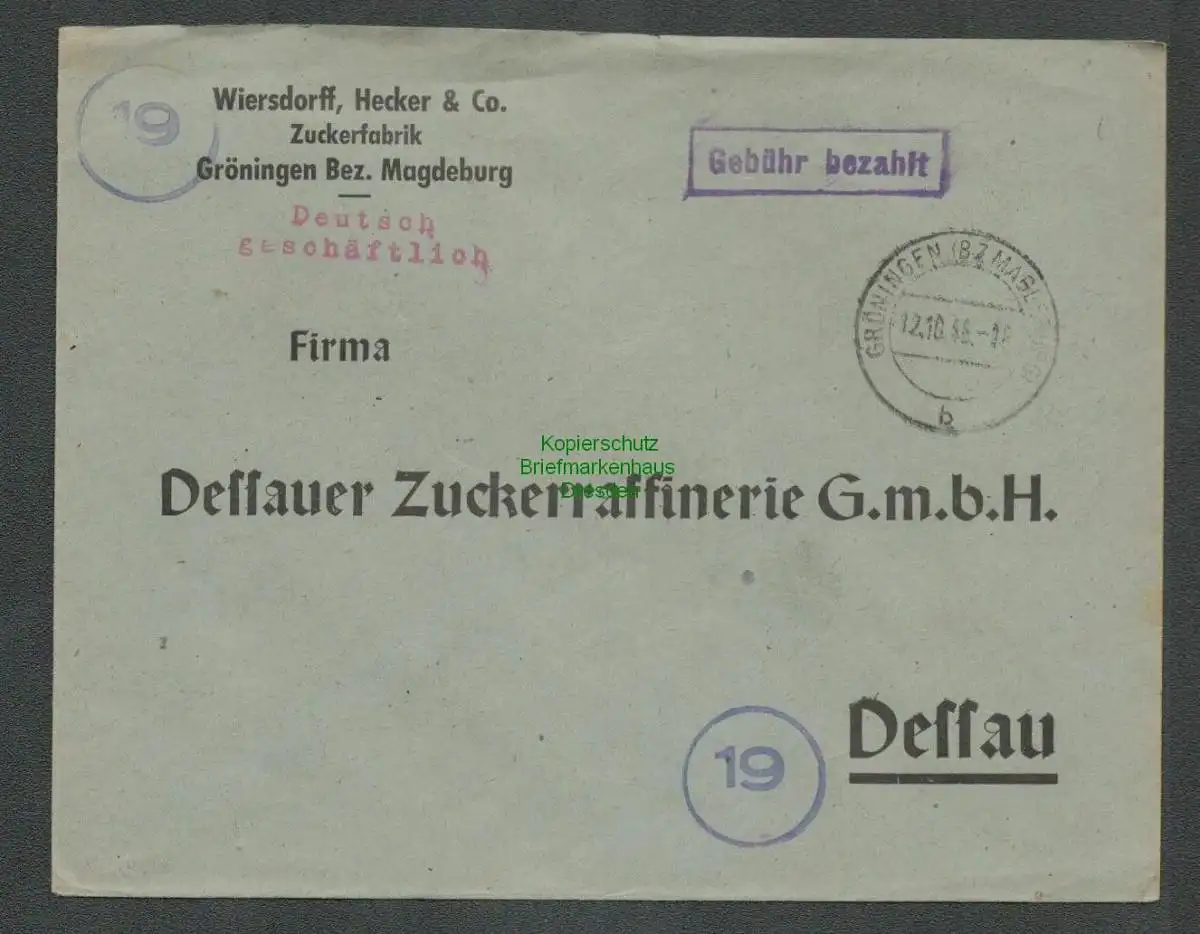B-5580 SBZ Gebühr Bezahlt Brief Gröningen Bz. Magdeburg 1946 Zuckerfabrik