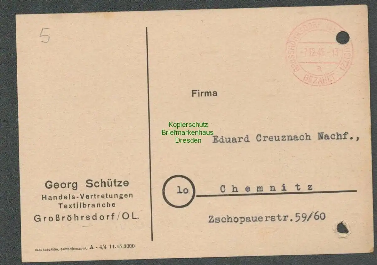 B-5643 SBZ Gebühr Bezahlt Postkarte Georg Schütze Großröhrsdorf Grossröhrsdorf