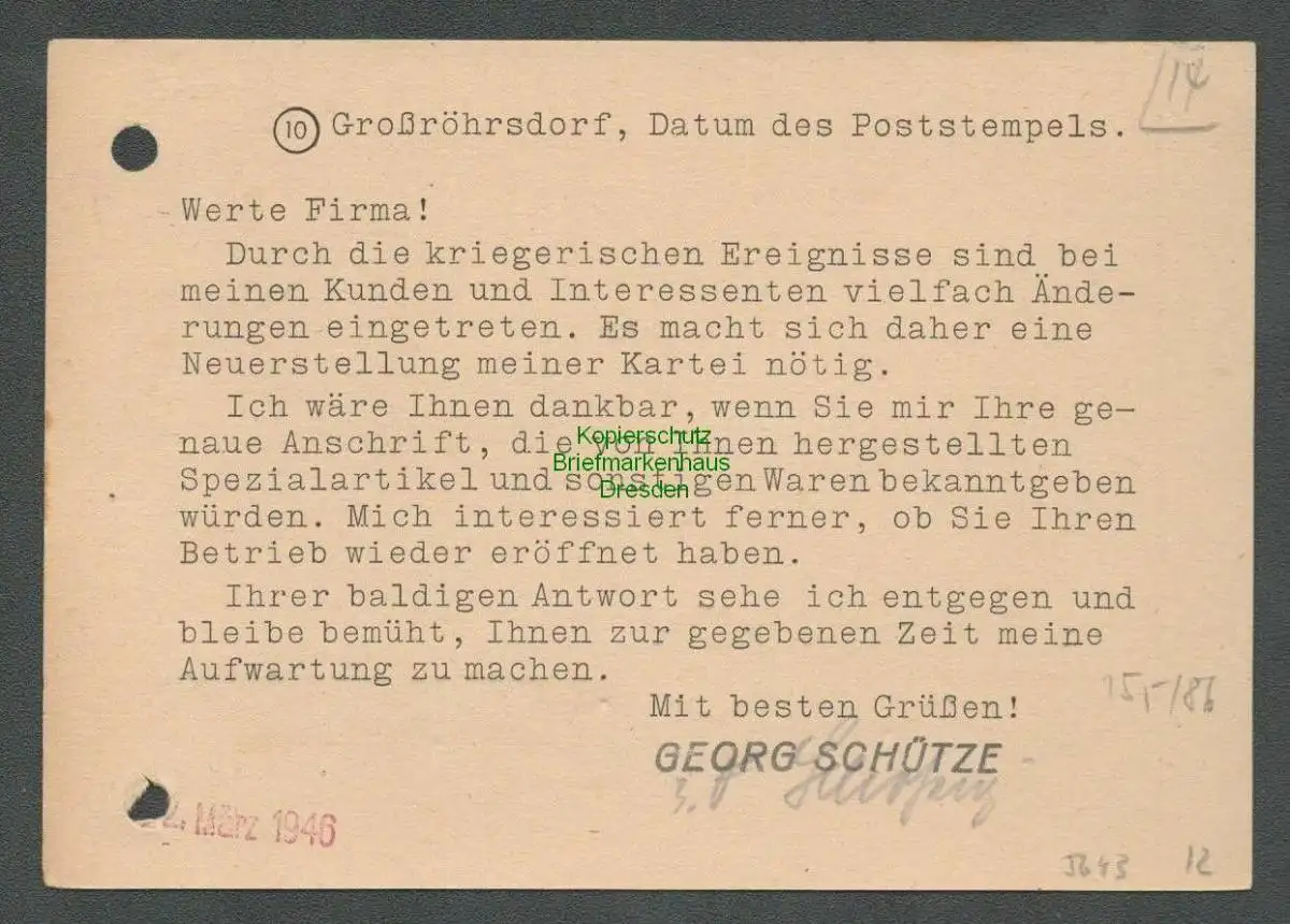 B-5643 SBZ Gebühr Bezahlt Postkarte Georg Schütze Großröhrsdorf Grossröhrsdorf