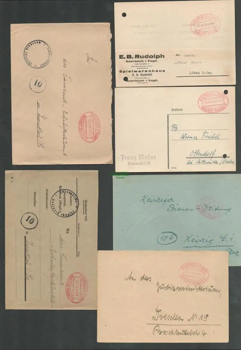 B-5591 SBZ Gebühr Bezahlt 6x Brief Karte Auerbach Vogtl. 1945 1948