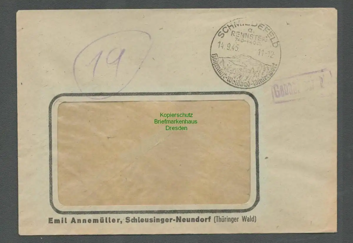 B-5697 SBZ Gebühr Bezahlt Brief Schmiedefeld a. Rennsteig Schleusinger Neundorf