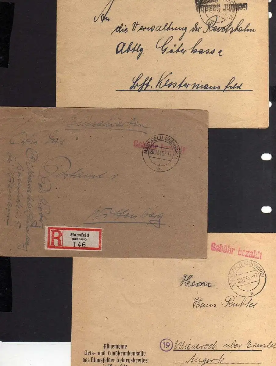 B100 3 Briefe SBZ Mansfeld Südharz Gebühr bezahlt 1945 rot / schwart 1x Einschre