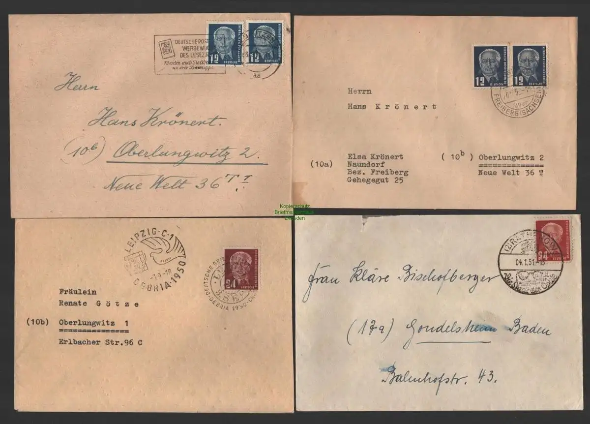 B10197 4x Brief DDR Pieck I und II Bautzen Leipzig Debria Naundorf Rathenow 1950