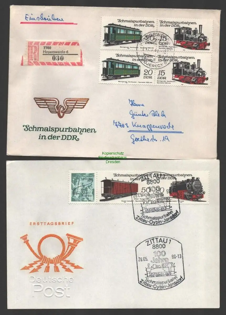 B-14634 2x Brief DDR 1983 ZD aus 2792 - 2795 Schmalspurbahnen seltene MeF