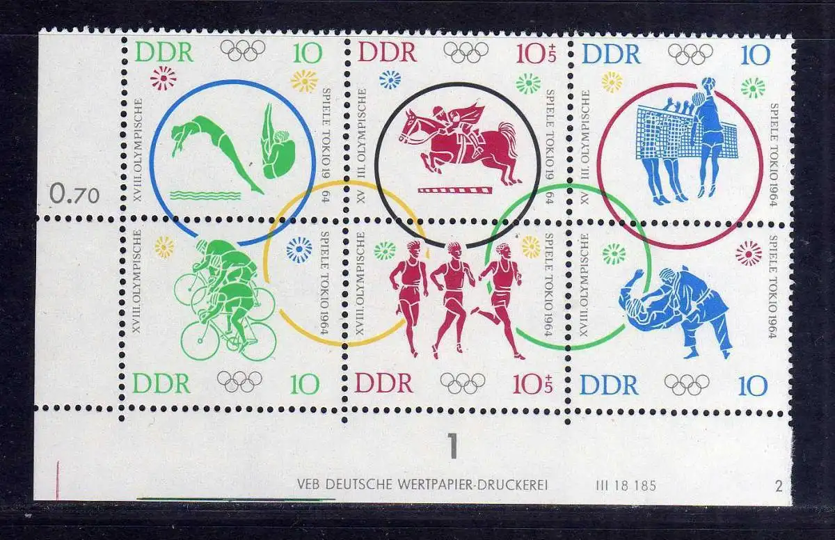 1496 DDR 1964 1039 - 1044 Olympische Sommerspiele Tokio ** Druckvermerk 2 + Schn