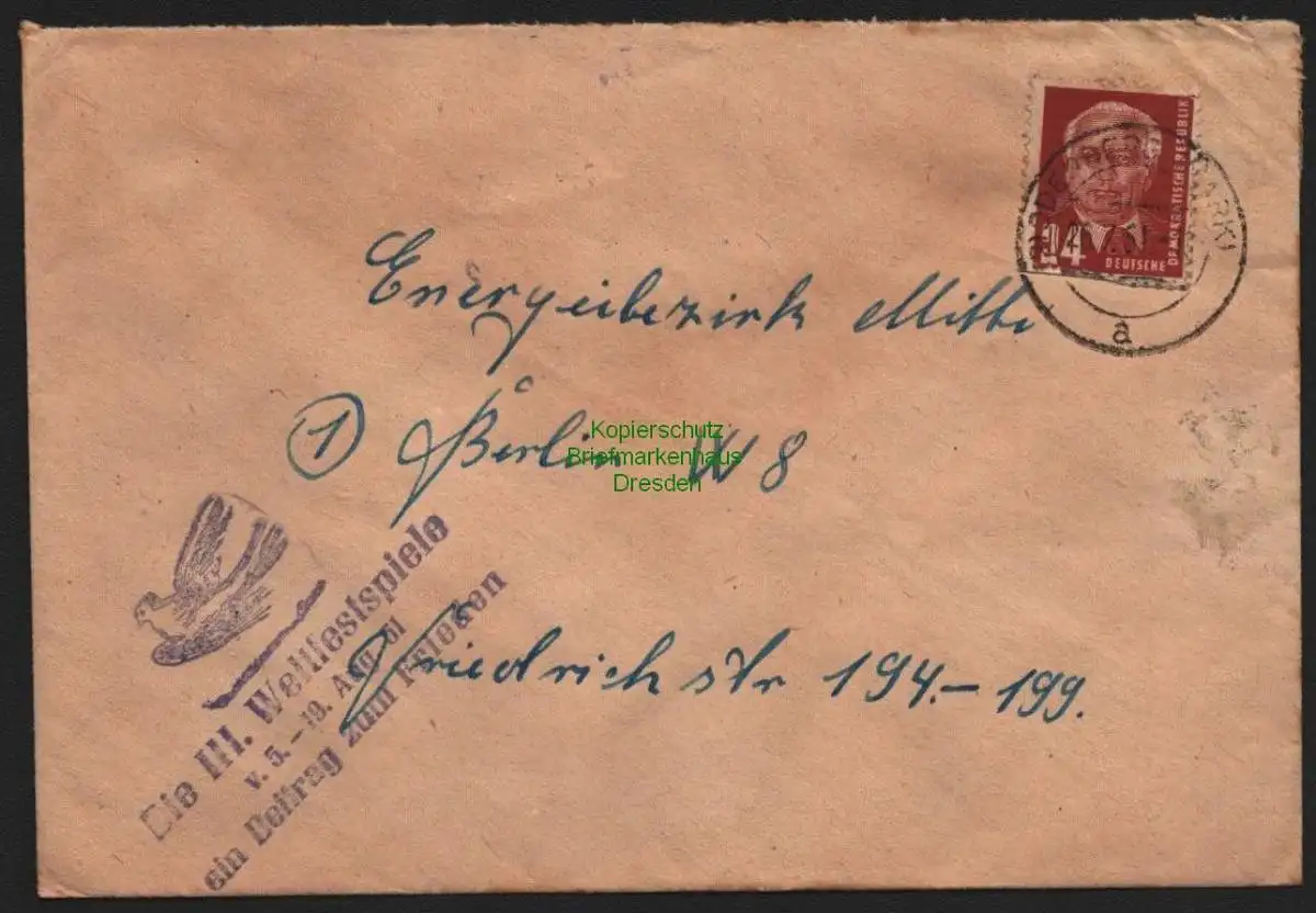 B10640 Brief DDR Propaganda Oderberg Mark 1951 3. Weltfestspiele Friedenstaube