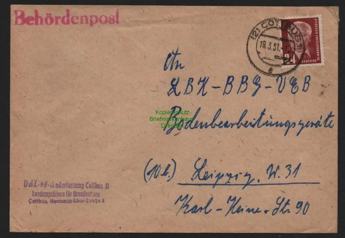 B10615 Brief DDR Propaganda Cottbus 1951 Frieden Einheit Aufbau Nationale Front