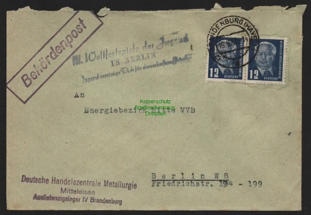 B10627 Brief DDR Propaganda Losung Brandenburg Havel 1951 III. Weltfestspiele