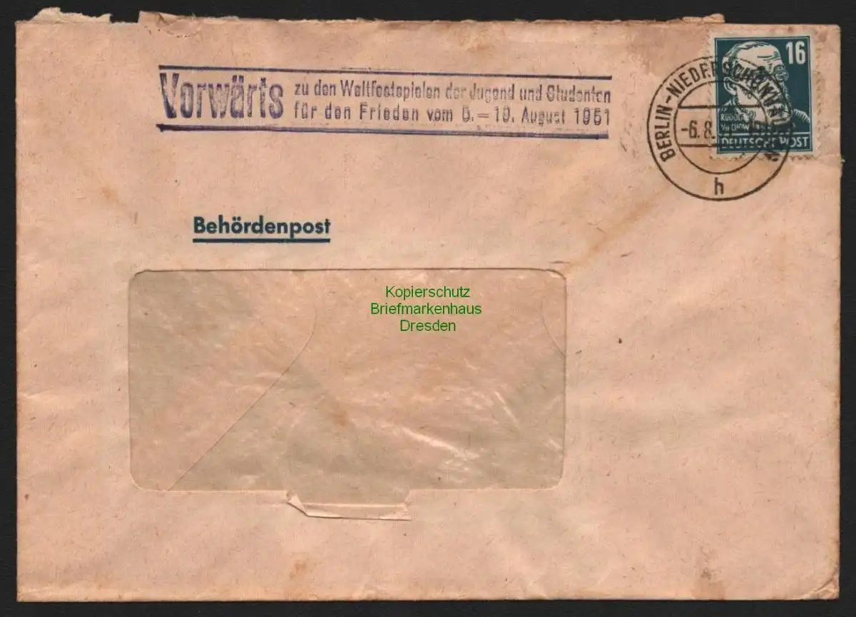 B10651 Brief DDR Propaganda Berlin Niederschönhausen 1951 Vorwärts zu den Welt