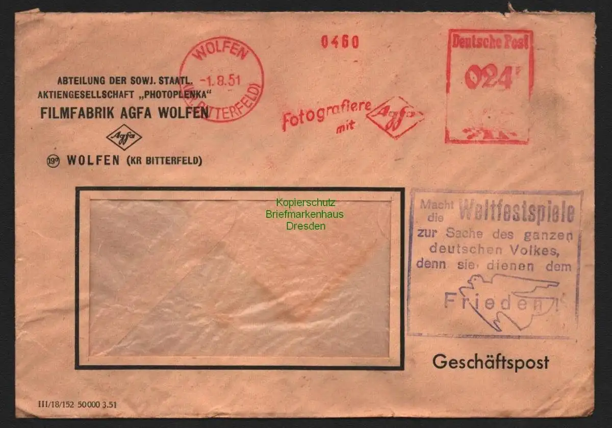 B10641 Brief DDR Propaganda Wolfen 1951 Weltfestspiele Friedenstaube