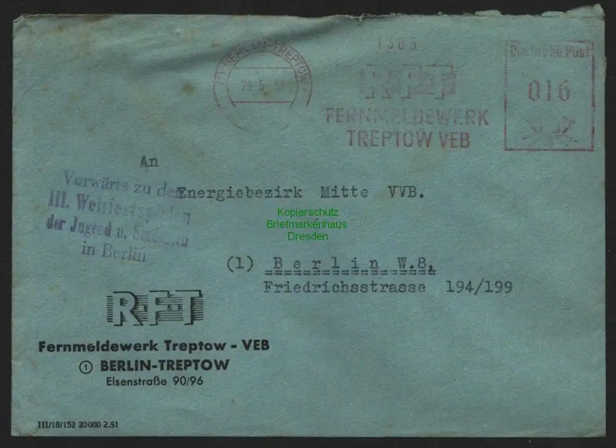 B10650 Brief DDR Propaganda Berlin Treptow VEB Fernmeldewerk 1951 Vorwärts