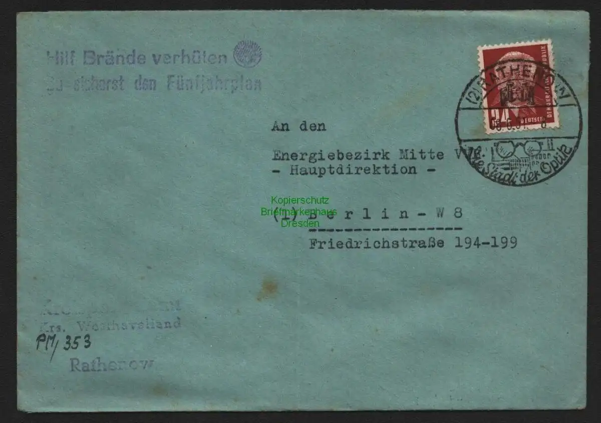 B10622 Brief DDR Propaganda Losung Rathenow 1951 Hilf Brände verhüten Du sicher