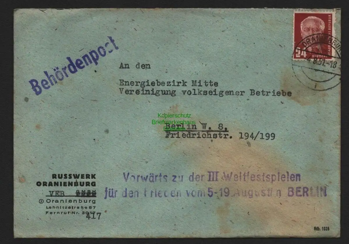 B10659 Brief DDR Propaganda Oranienburg 1951 Vorwärts zu den III Weltfestspielen