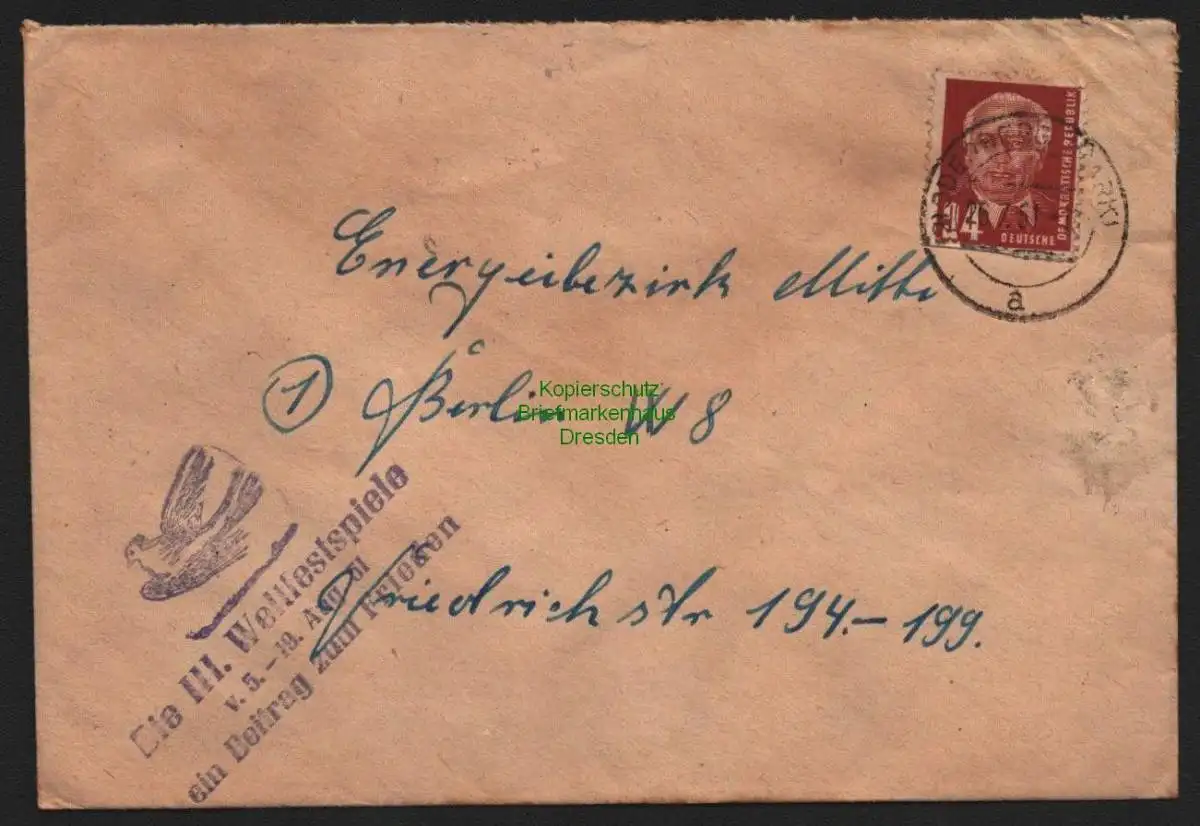 B10642 Brief DDR Propaganda Weimar 1951 Freistempel Weltfestspiele Frieden