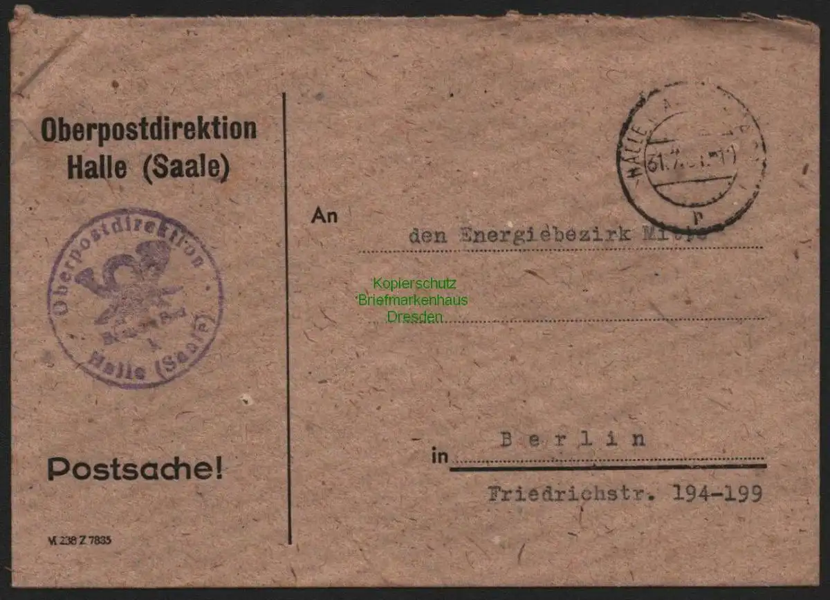 B10681 Brief DDR Propaganda Halle Saale Oberpostdirektion 1951 Vorwärts zu den