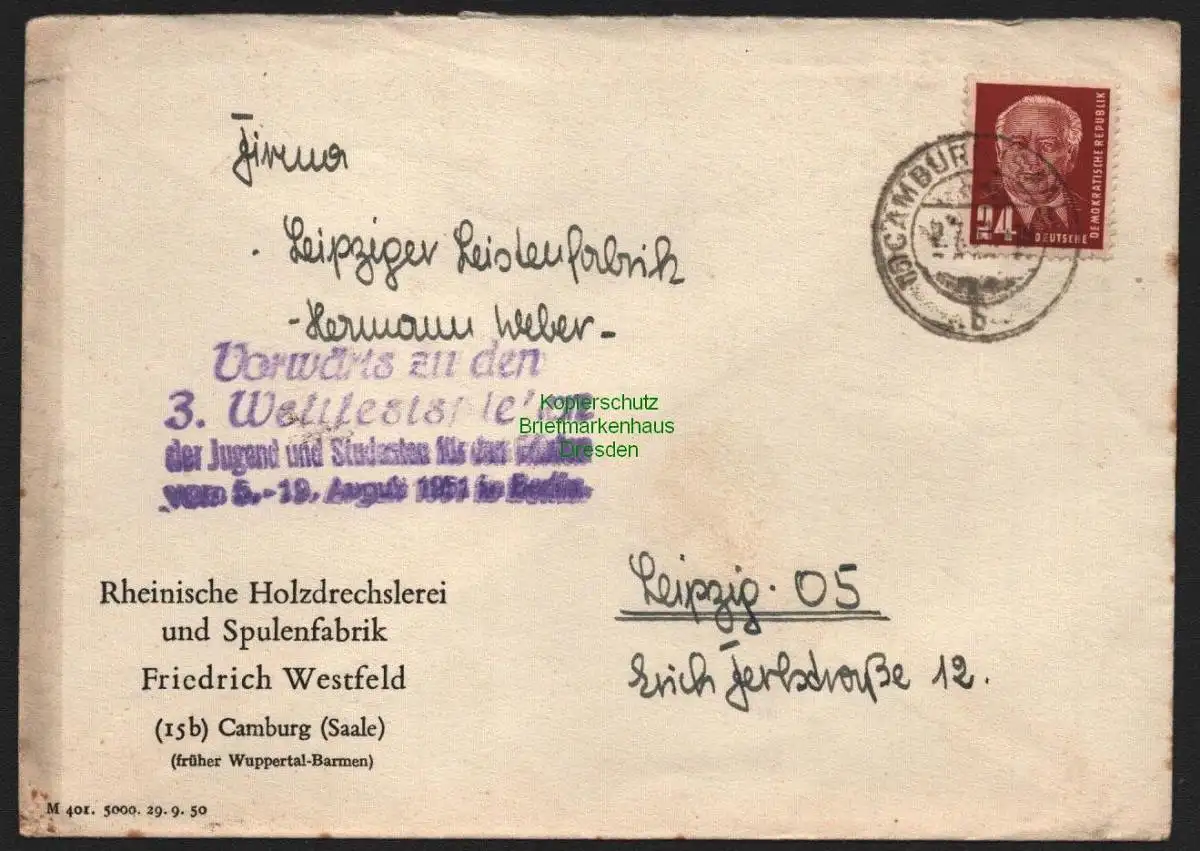 B10645 Brief DDR Propaganda Camberg 1951 Vorwärts zu den Weltfestspielen Berlin