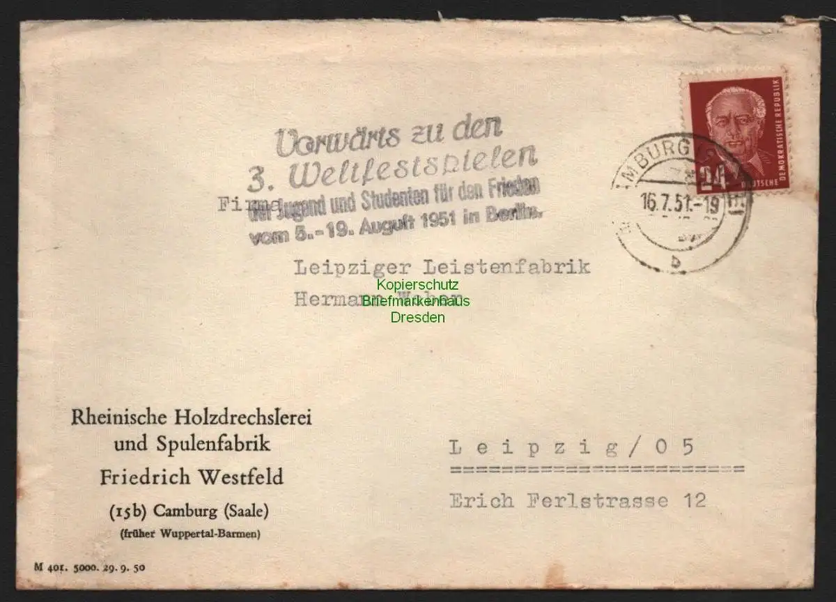 B10644 Brief DDR Propaganda Camberg 1951 Vorwärts zu den Weltfestspielen Berlin