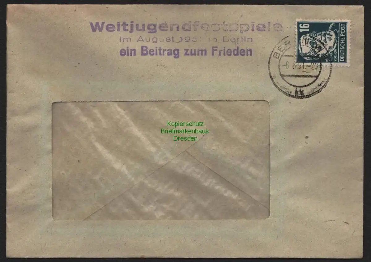 B10653 Brief DDR Propaganda Berlin 1951 Weltjugendfestspiele Beitrag zum Frieden