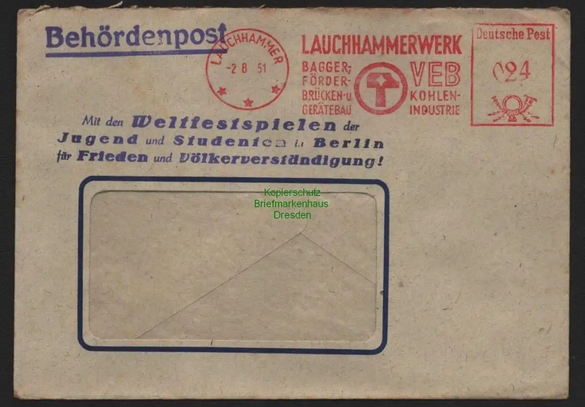 B10654 Brief DDR Propaganda Lauchhammerwerk 1951 Weltfestspiele der Jugend