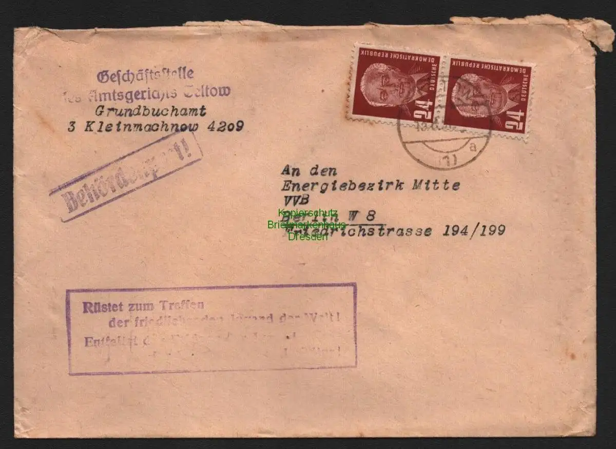 B10637 Brief DDR Propaganda Teltow 1951 Kleinmachnow Rüstet zum Treffen der