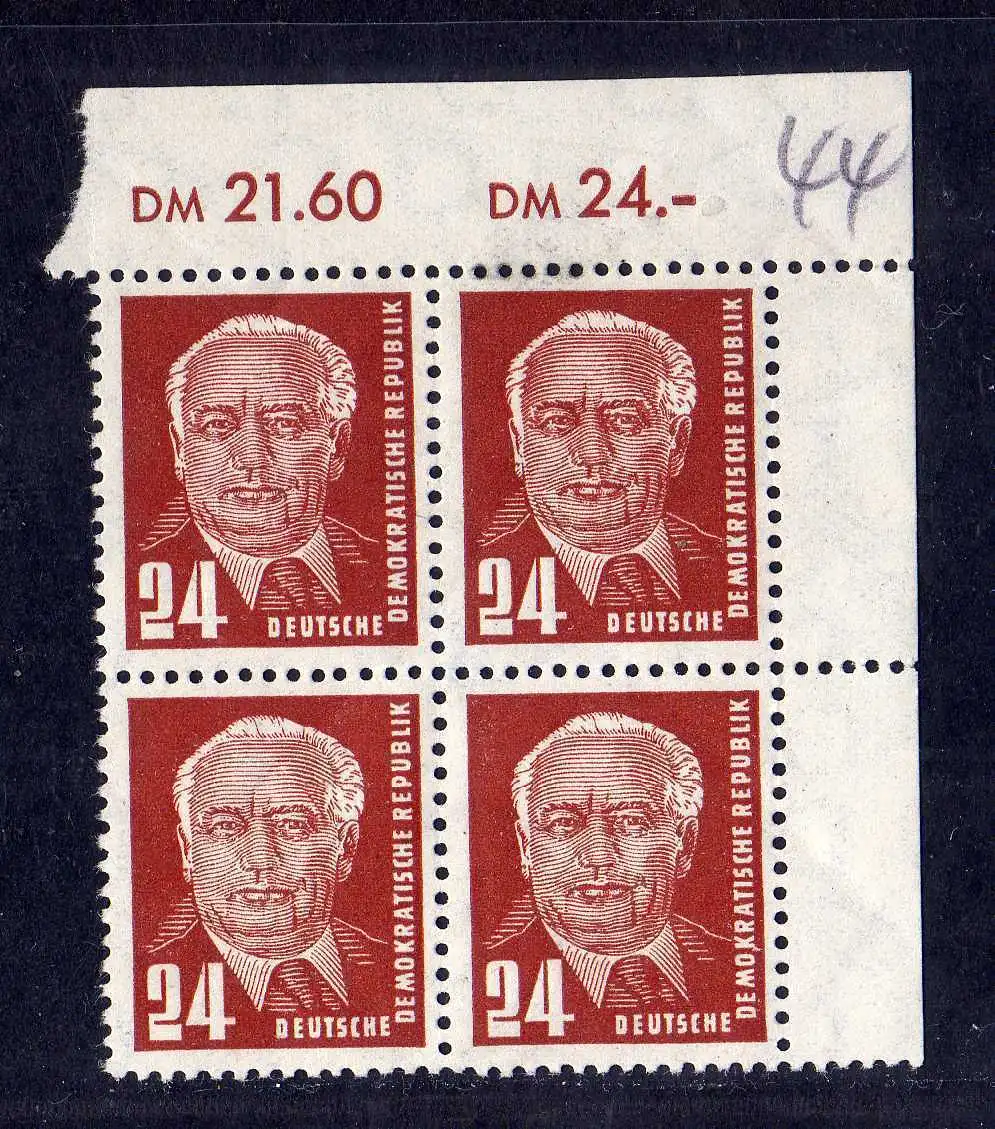 997 DDR 1952 Pieck II 324 za XII ** Eckrand Viererblock Ecke 2