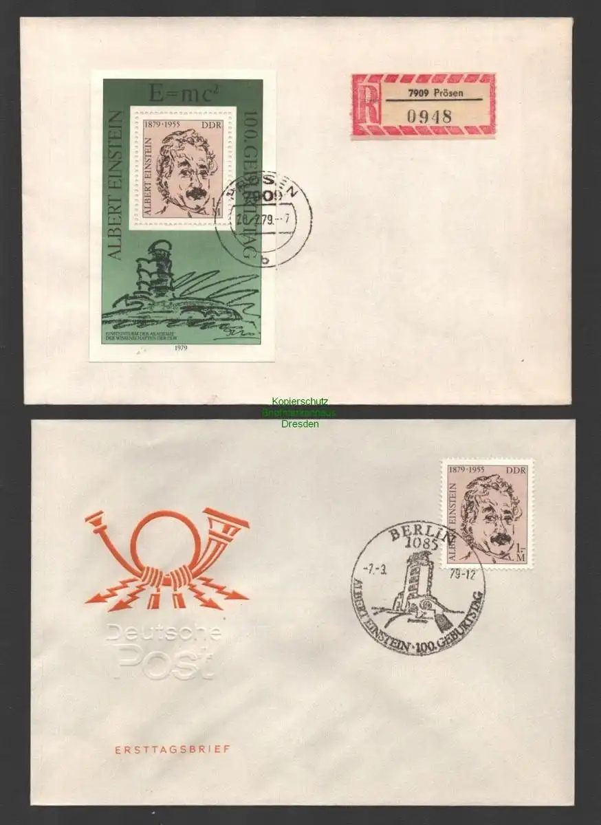 B-14620 DDR 1979 Albert Einstein FDC Bl. 54 + Einzelmarke aus Block SST Berlin