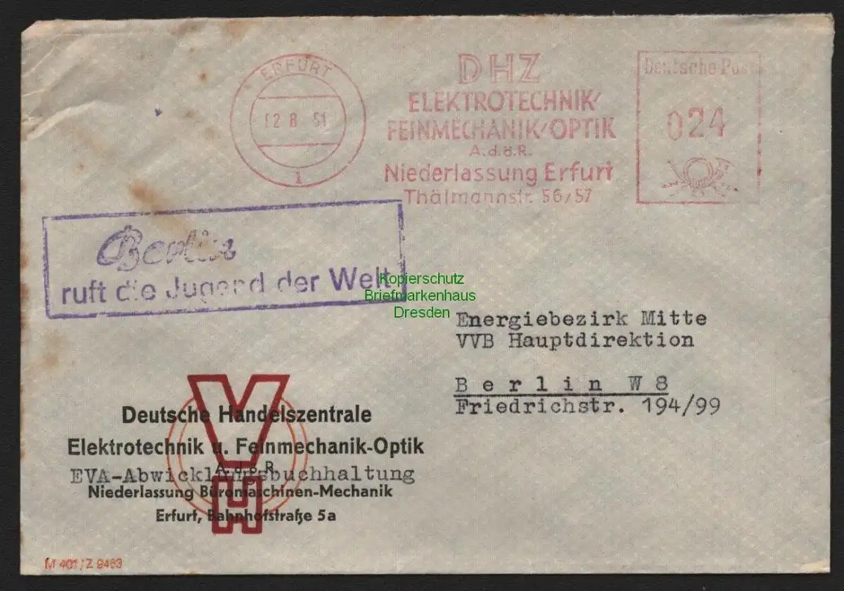 B10629 Brief DDR Propaganda Losung Erfurt 1951 Berlin ruft die Jugend der Welt