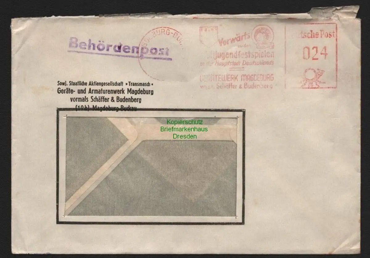 B10638 Brief DDR Propaganda Magdeburg Buckau Freistempel FDJ Vorwärts zu den