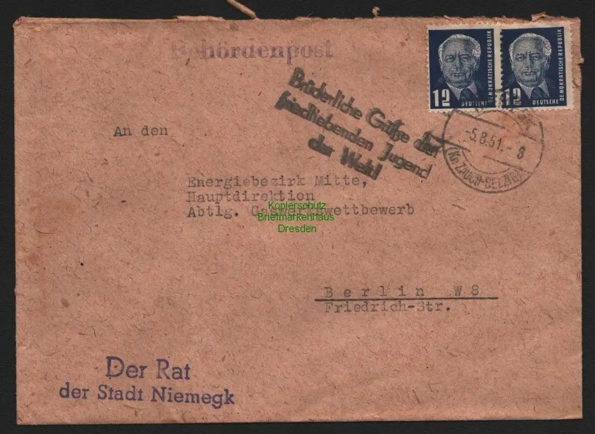 B10631 Brief DDR Propaganda Losung Niemegk 1951 Brüderliche Grüße der