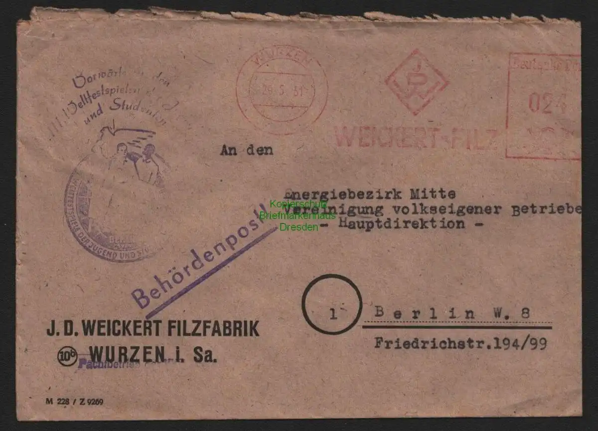 B10675 Brief DDR Propaganda Wurzen 1951 Vorwärts zu den III. Weltfestspielen der
