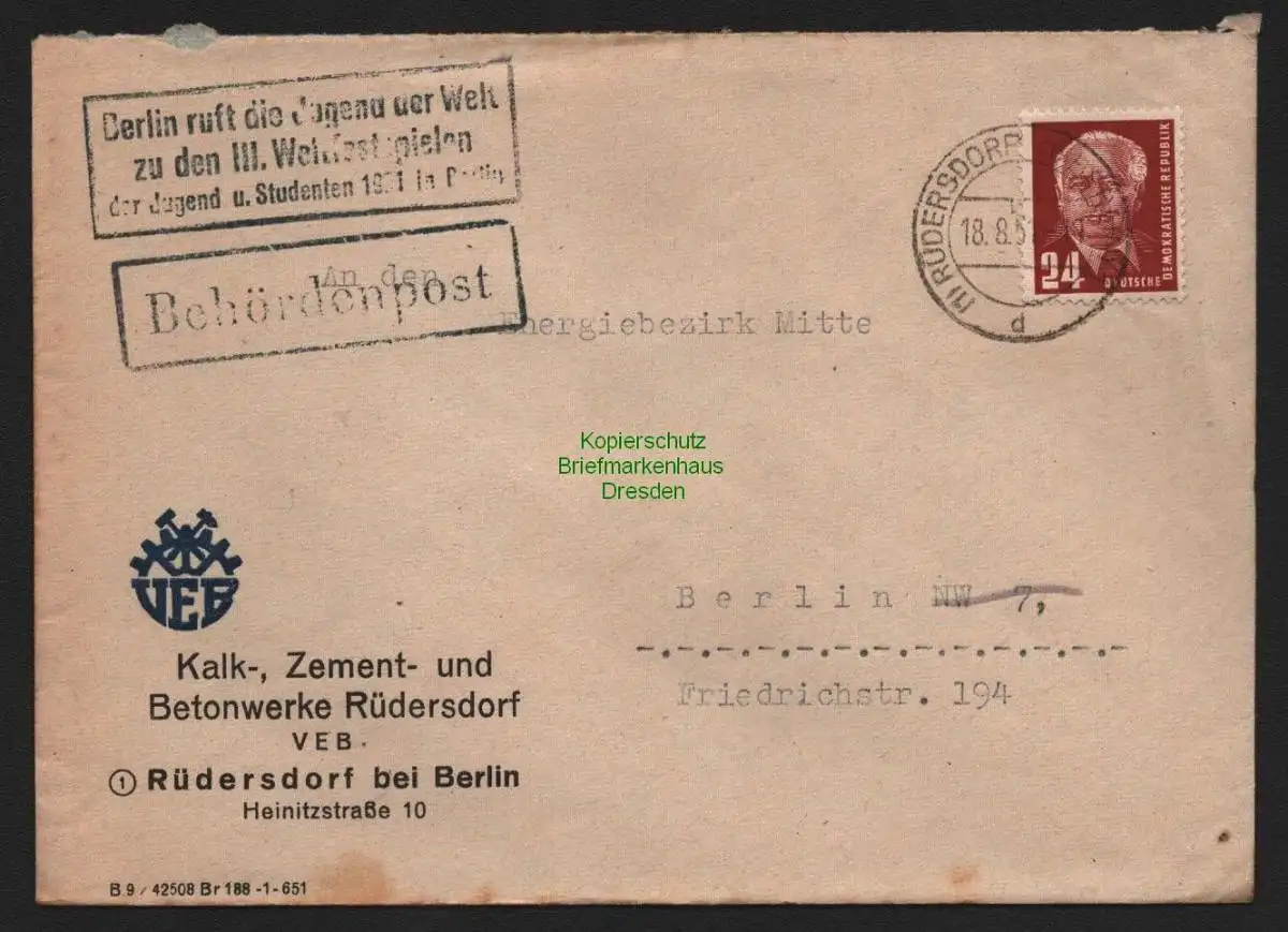 B10625 Brief DDR Propaganda Losung Berlin ruft die Jugend der Welt Rüdersdorf