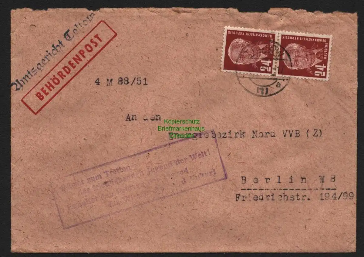B10628 Brief DDR Propaganda Losung Teltow Rüstet zum Treffen der friedliebenden