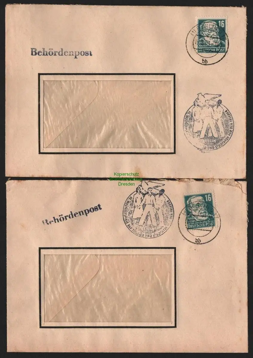 B10666 2x Brief DDR Propaganda Berlin O17 Behördenpost Weltfestspiele 1951