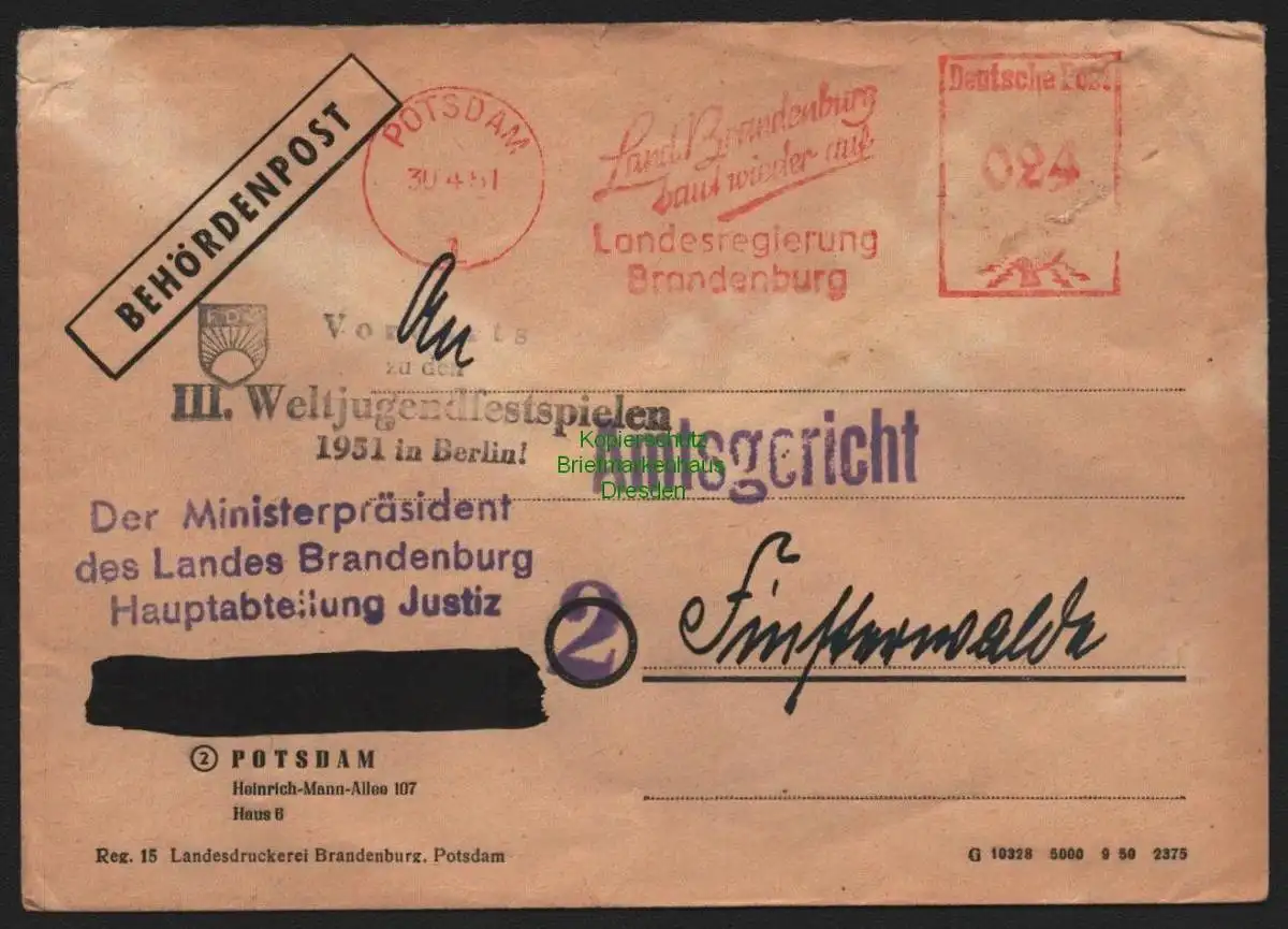 B10646 Brief DDR Propaganda Potsdam 1951 Vorwärts zu den Weltfestspielen Berlin