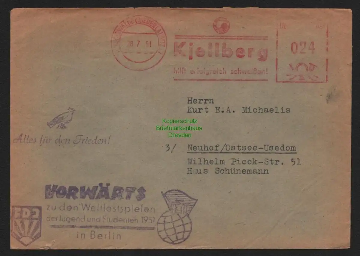 B10668 Brief DDR Propaganda Finsterwalde 1951 FDJ Vorwärts zu den III. Weltfest