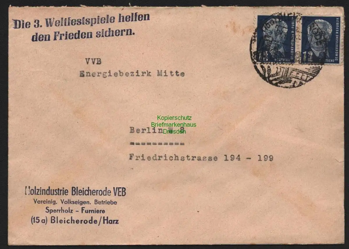 B10652 Brief DDR Propaganda Bleicherode Harz 1951 Die 3. Weltfestspiele helfen