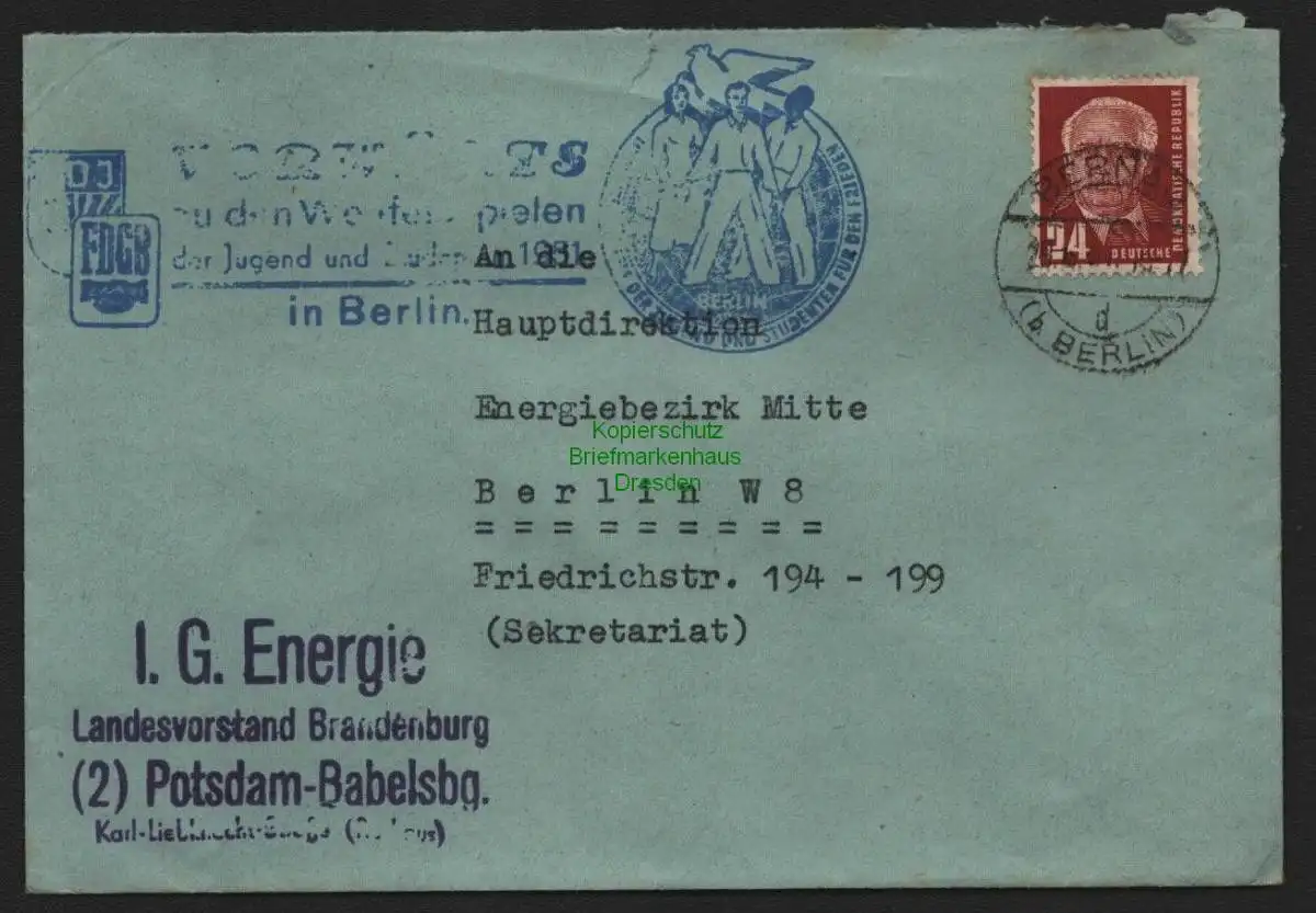 B10680 Brief DDR Propaganda Bernau bei Berlin 1951 Vorwärts zu den III. Weltfest