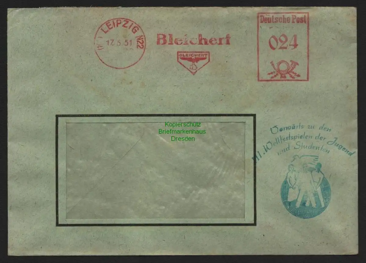 B10676 Brief DDR Propaganda Leipzig N22 1951 Vorwärts zu den III. Weltfestspiele