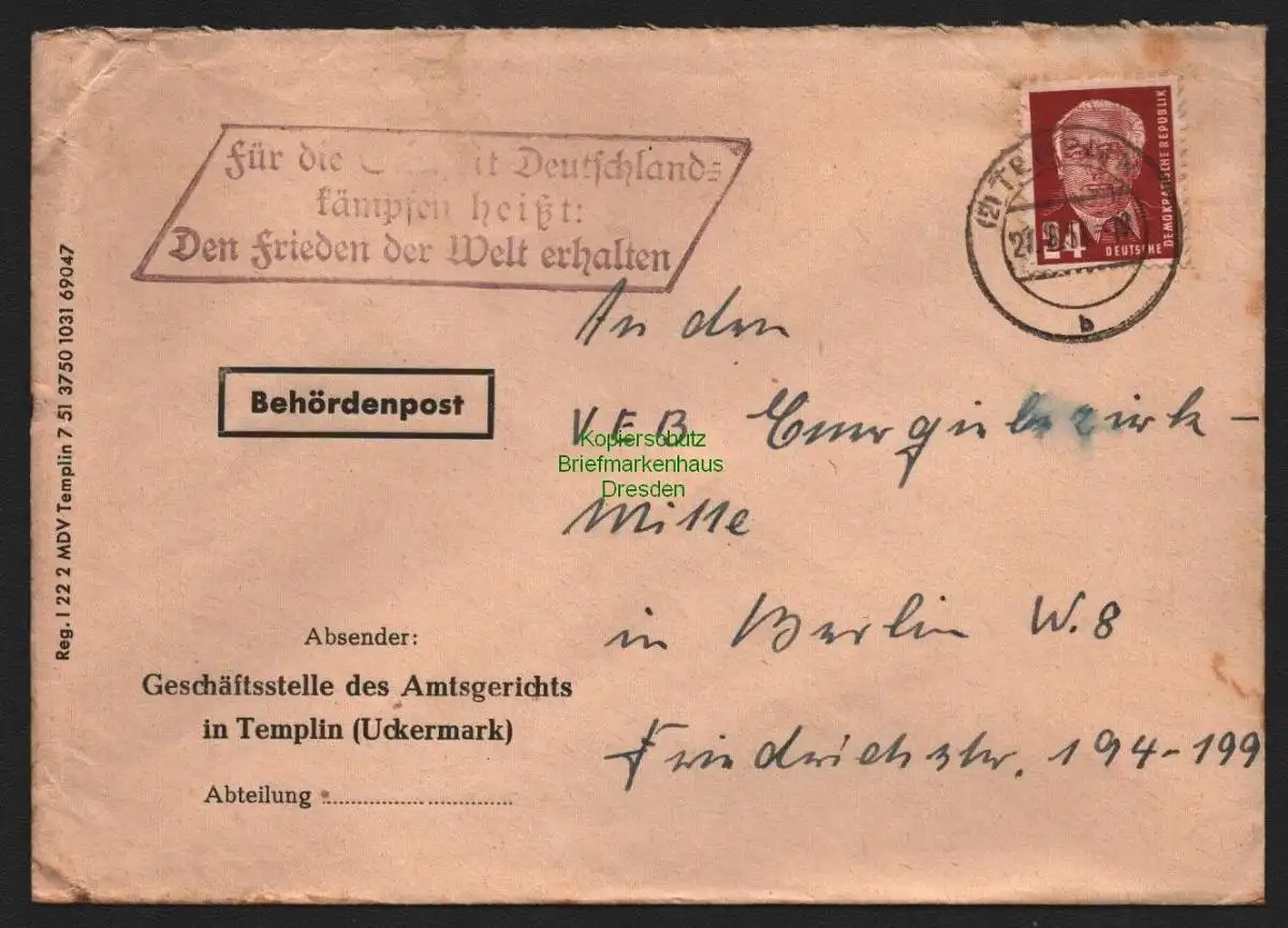 B10626 Brief DDR Propaganda Losung Templin Für die Einheit Deutschlands kämpfen