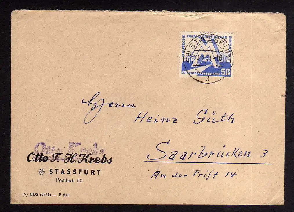 104762 Brief DDR 283 Leipziger Messe 1951 EF nach Saarbrücken Werbemarke Zucker
