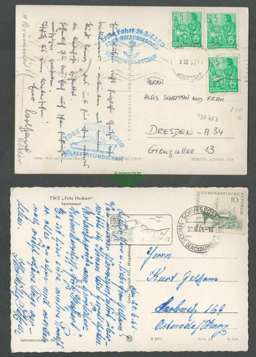 138723 AK Völkerfreundschaft 1. Fahrt FDGB Urlauberschiff 1960 Schiffspost DDR