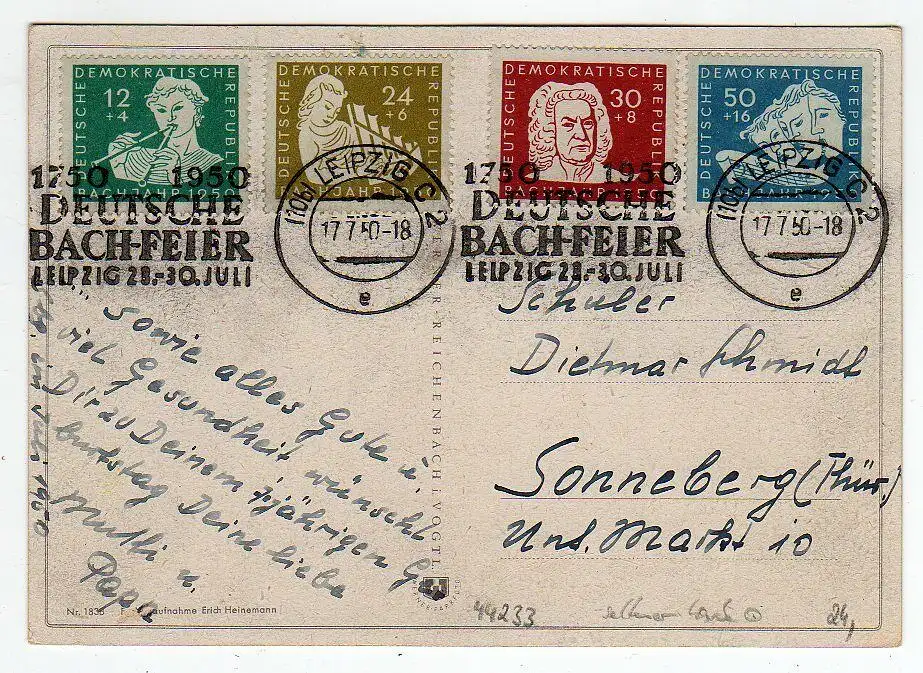 44233 Ansichtskarte DDR 1750 1950 Deutsche Bachfeier Leipzig 17.7.50 seltener Werbestempel