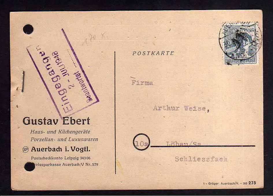 h341 Postkarte Handstempel Bezirk 41 Auerbach Vogtl. 30.6.48 Firmenbedarf Währun