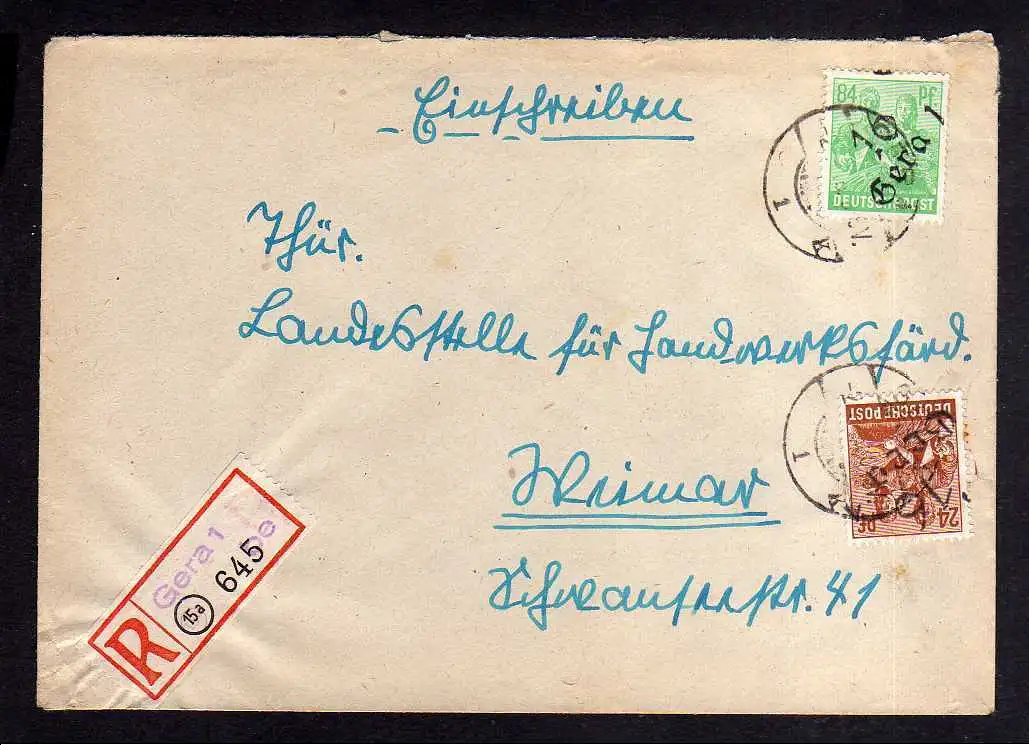 h494 Brief Handstempel Bezirk 16 Gera Einschreiben 84 Pfg. 181 2.7.48 gepr. BPP