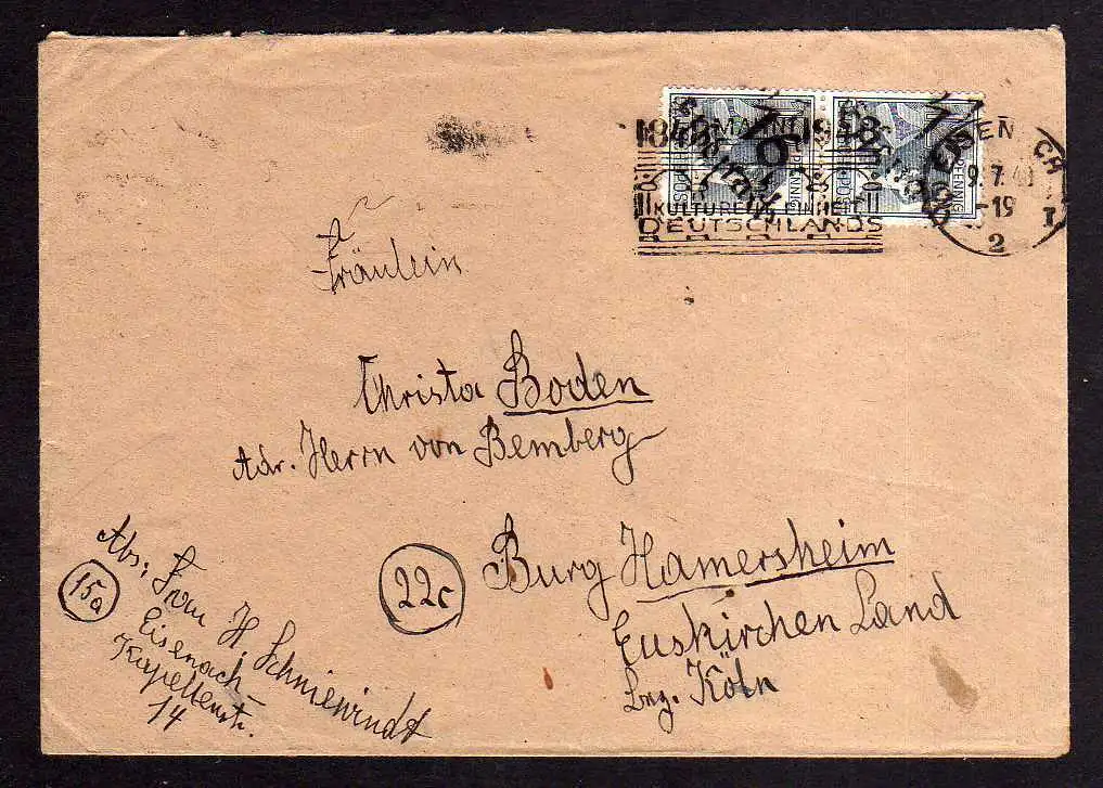 h463 Brief Handstempel Bezirk 16 Eisenach 2x12 Pfg. 9.7.48